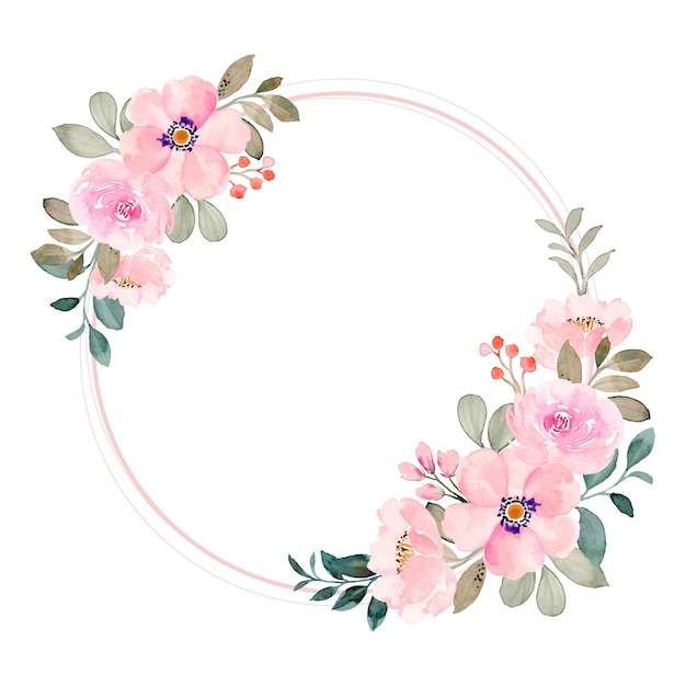 円と水彩ピンクの花の花輪