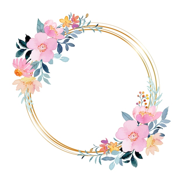 Watercolor pink floral wreath with gold circle
