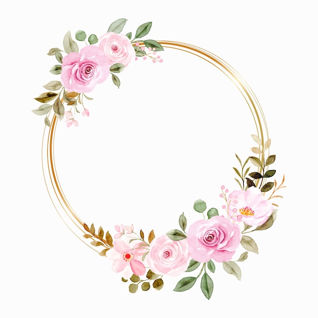 Watercolor pink floral wreath with golden circle