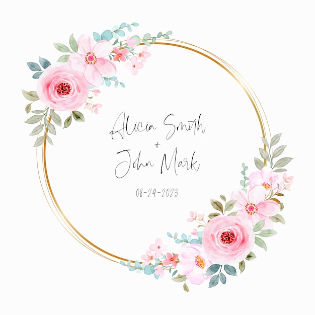 Watercolor pink floral wreath with golden circle