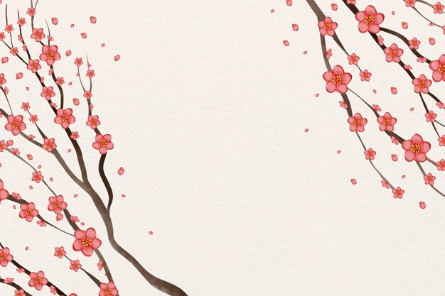 Watercolor pink plum blossom background copy space