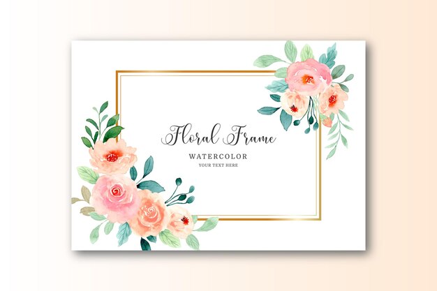 Free vector watercolor pink rose background with golden frame