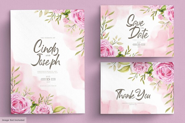 watercolor pink roses invitation card set