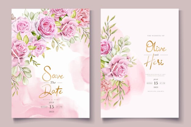 水彩ピンクのバラの招待カードセット