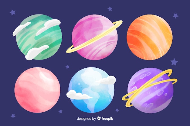 Watercolor planet collection with gas and rings