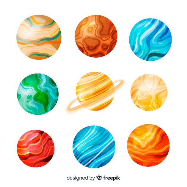 Free vector watercolor planets of cosmos collection