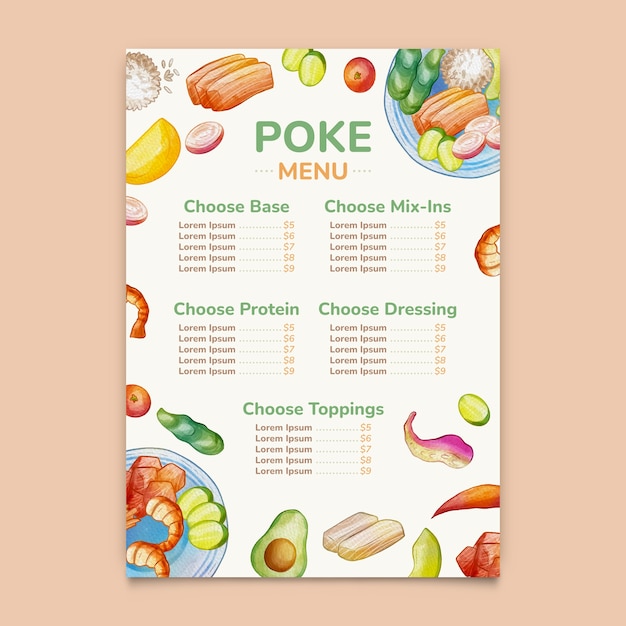 Free vector watercolor poke menu template