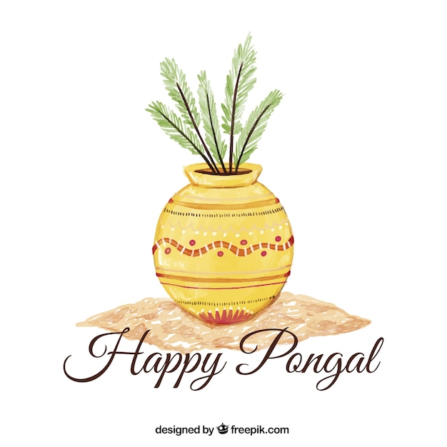 Watercolor pongal background with decorative pot