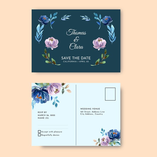 Watercolor postcard wedding invitations