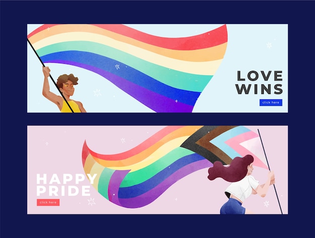 Watercolor pride month horizontal banners collection