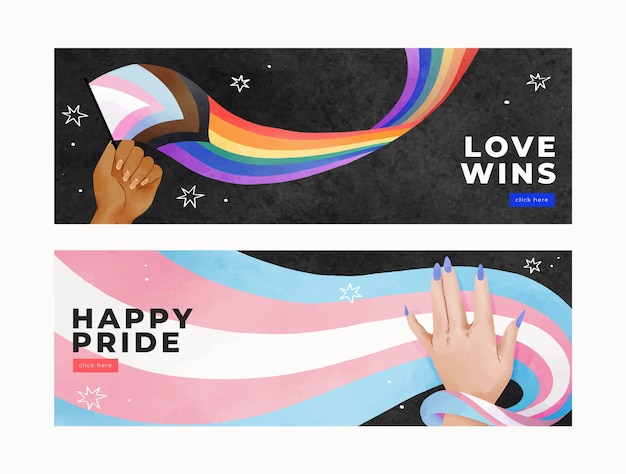 Watercolor pride month horizontal banners collection