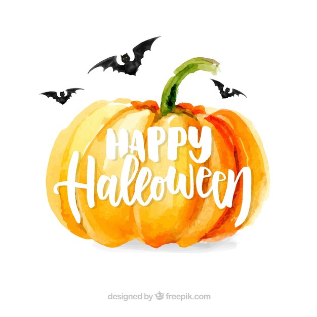 Watercolor pumpkin background with bats