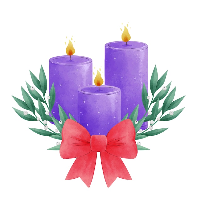 Illustrazione di candele dell'avvento viola dell'acquerello