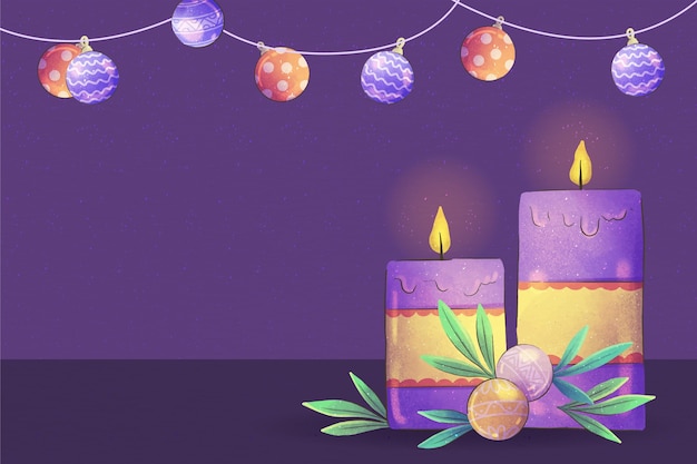 Watercolor purple candles advent background