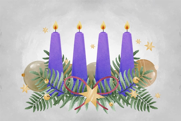 Watercolor purple candles advent background