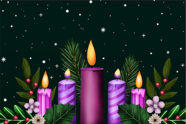 Watercolor purple candles advent background