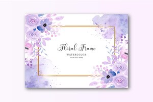 Watercolor purple floral background with golden frame
