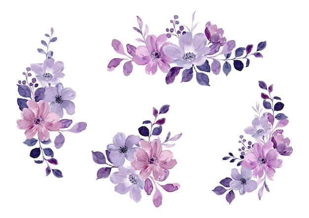 Коллекция акварельных фиолетовых цветочных букетов