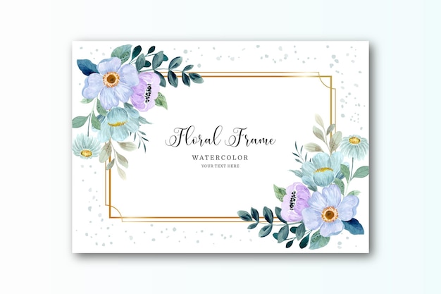 Watercolor purple green flower background with golden frame