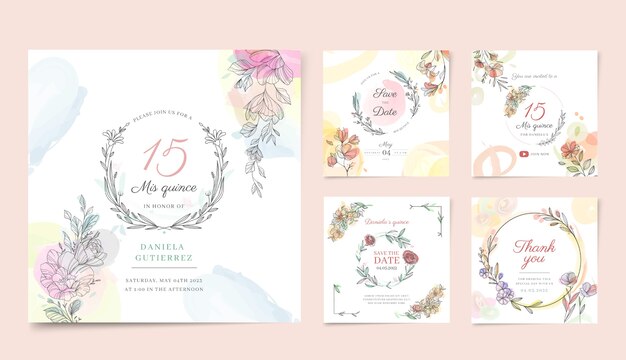 Watercolor quinceanera instagram posts collection