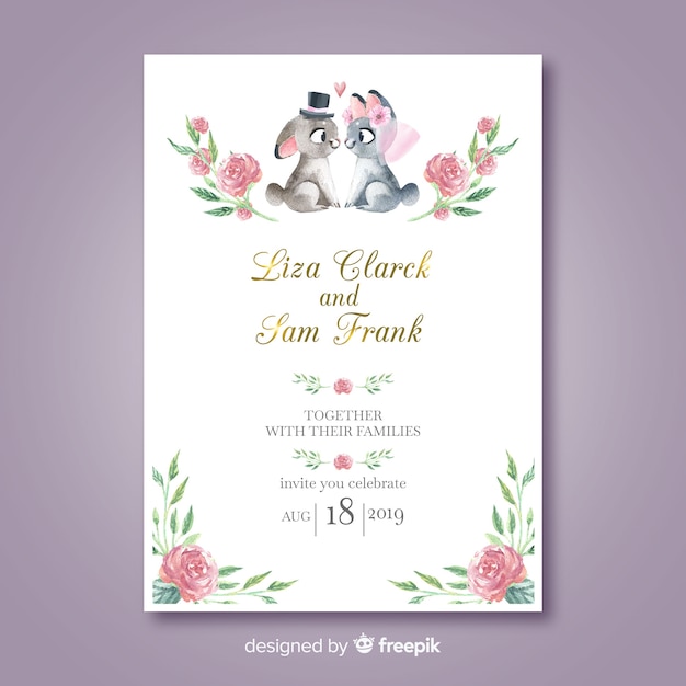 Free vector watercolor rabbit wedding invitation template