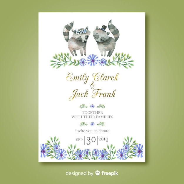 Watercolor raccoon wedding invitation template