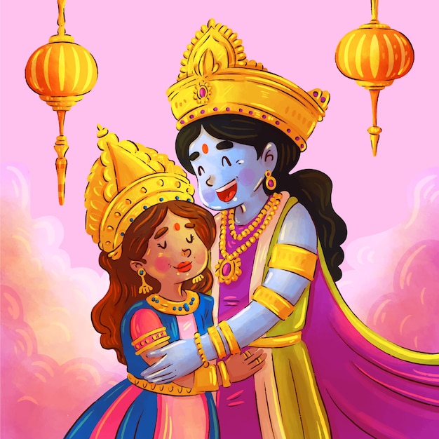 Vettore gratuito acquerello radha e krishna illustrazione.