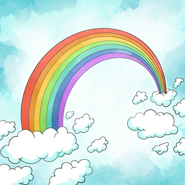 Free vector watercolor rainbow with clouds