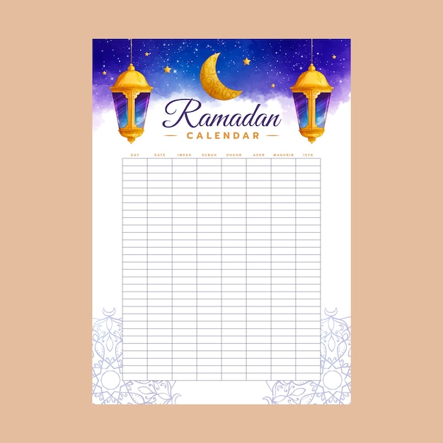 Vettore gratuito modello di calendario ramadan dell'acquerello