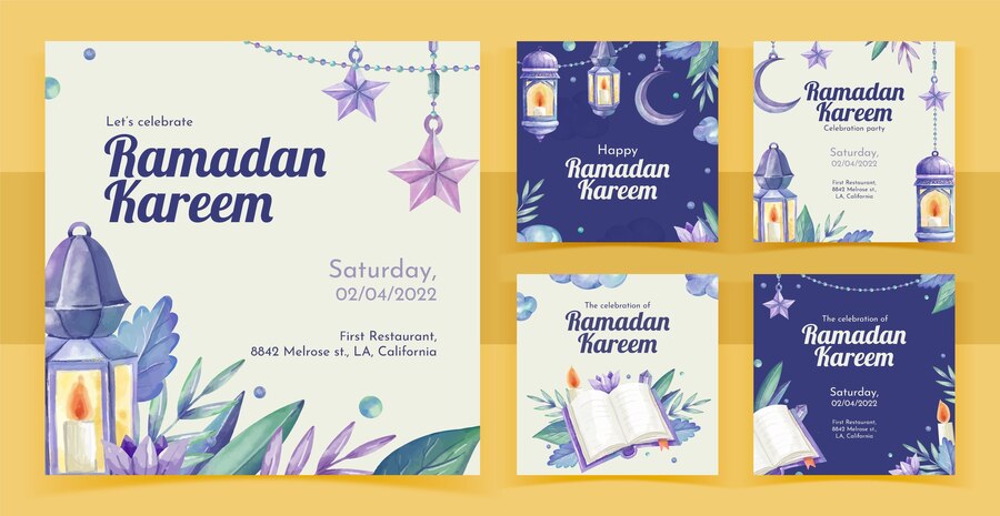  Watercolor ramadan instagram posts collection Premium Vector