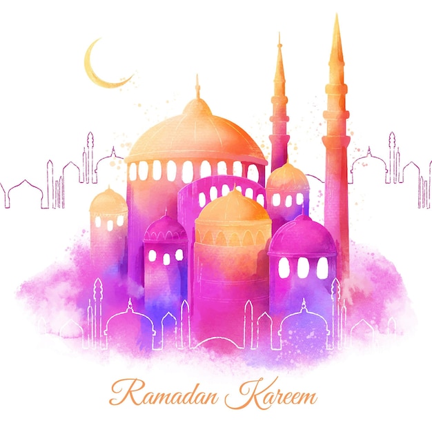 Vettore gratuito illustrazione dell'acquerello del ramadan kareem