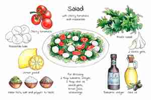 Vettore gratuito illustrazione di insalata ricetta dell'acquerello