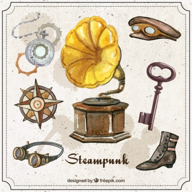 무료 벡터 steampunk 액세서리가있는 수채화 레코드 플레이어