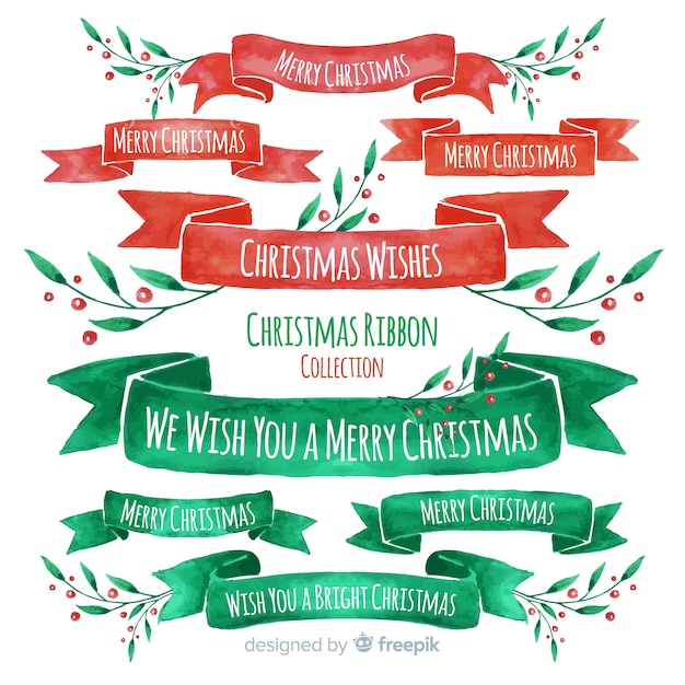 Free vector watercolor red and green christmas ribbon collection