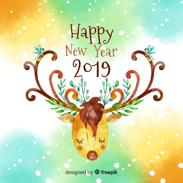 Watercolor reindeer new year background