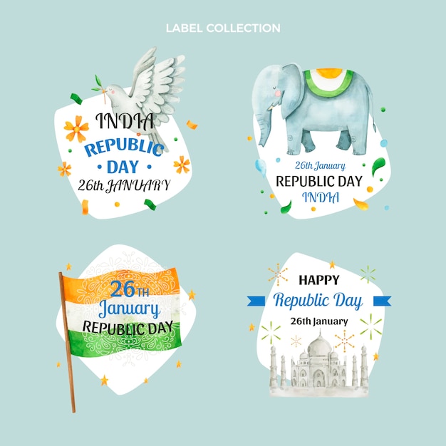 Free vector watercolor republic day labels collection