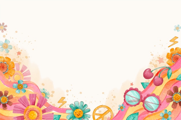 Free vector watercolor retro 60's or 70's background with flowers and peace sign