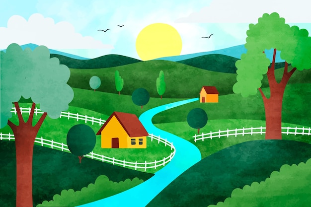 Free vector watercolor rural landscape background