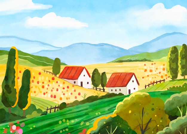 Watercolor rural landscape background