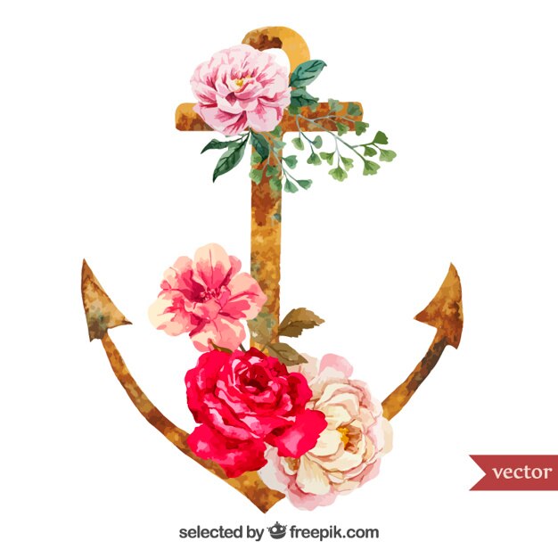 Watercolor rusty anchor with flowers