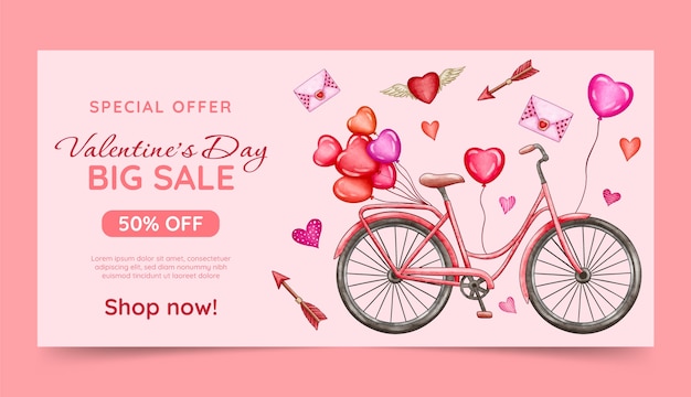 Free vector watercolor sale banner template for valentine's day celebration