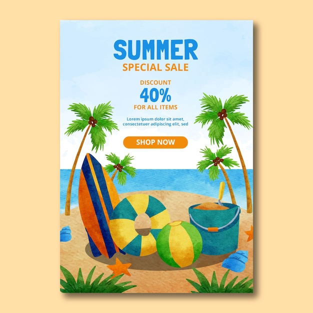 여름 시즌 수채화 판매 포스터 템플릿