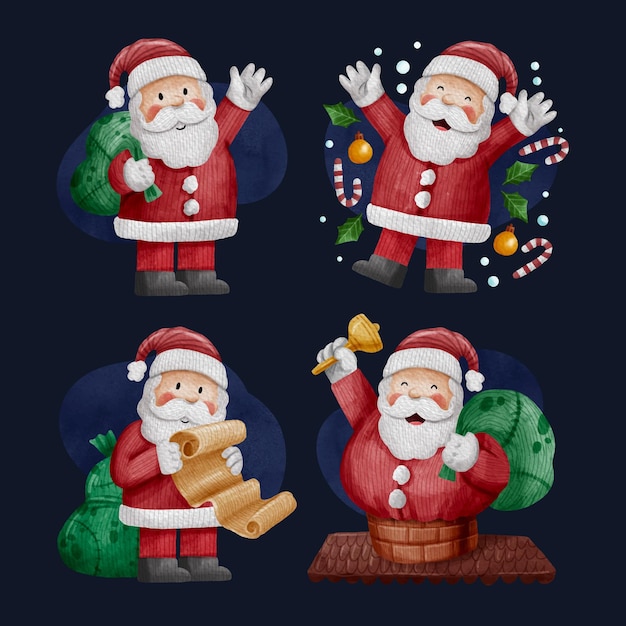 Free vector watercolor santa claus characters collection