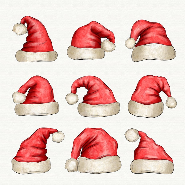 Watercolor santa claus hat collection