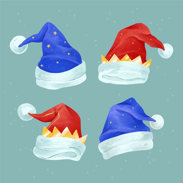 Free vector watercolor santa claus hat collection