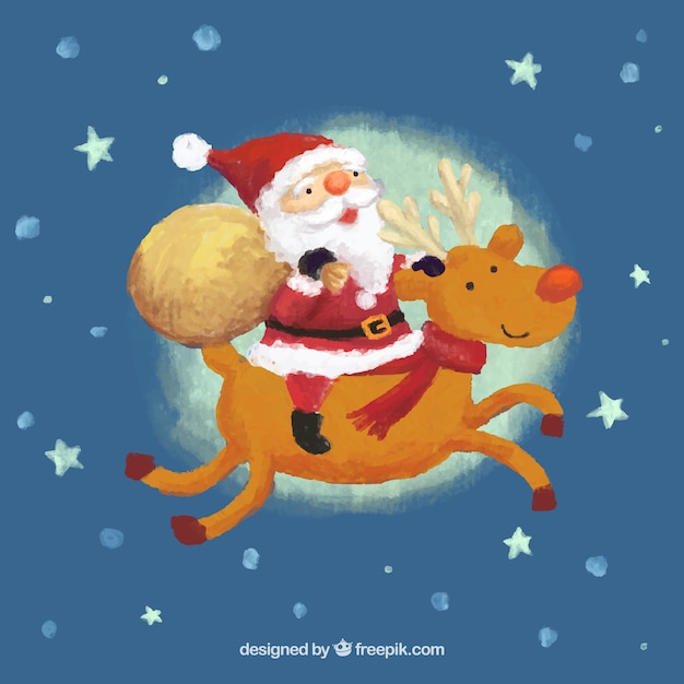 Watercolor santa claus and reindeer
