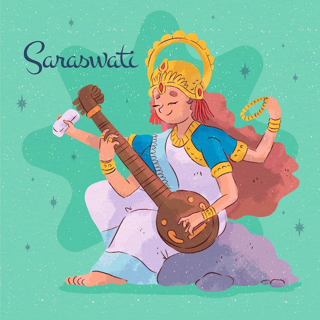 Free Vector watercolor saraswati playing on a musical instrument