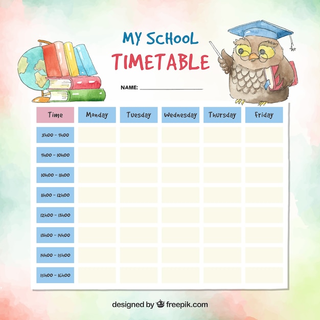 Free vector watercolor school timetable template