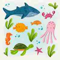 Free vector watercolor sea animals collection