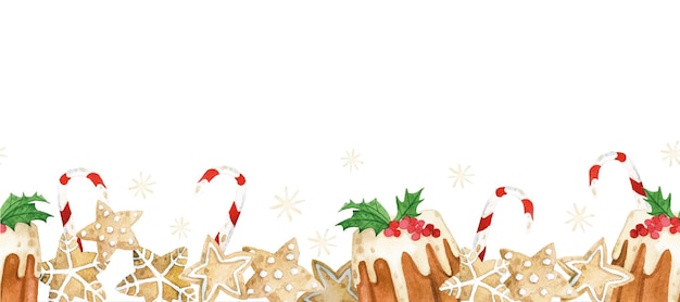 Акварель бесшовные границы с рождественскими сладостями сладкие пряники пирожные леденцы на палочке